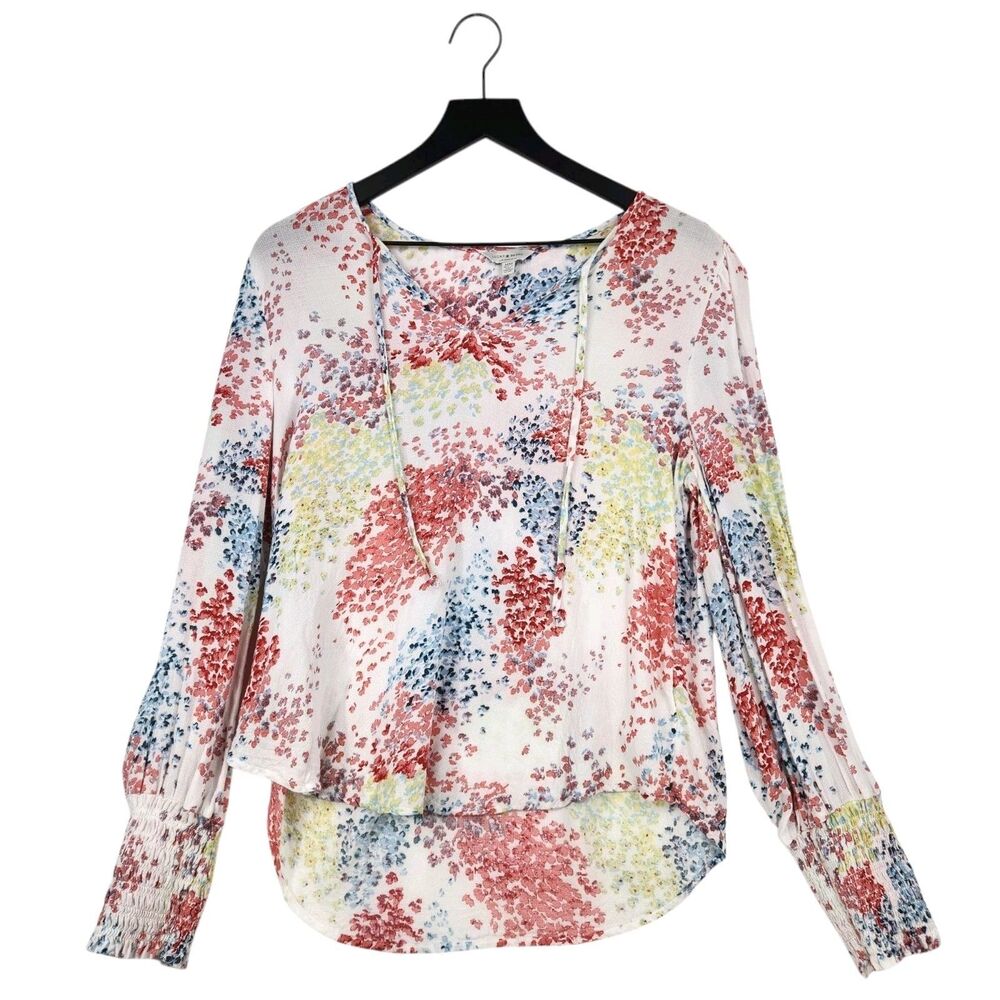 Lucky Brand Blouse Top Medium Abstract Boho Cottagecore Artsy Ruched Cuffs Flowy